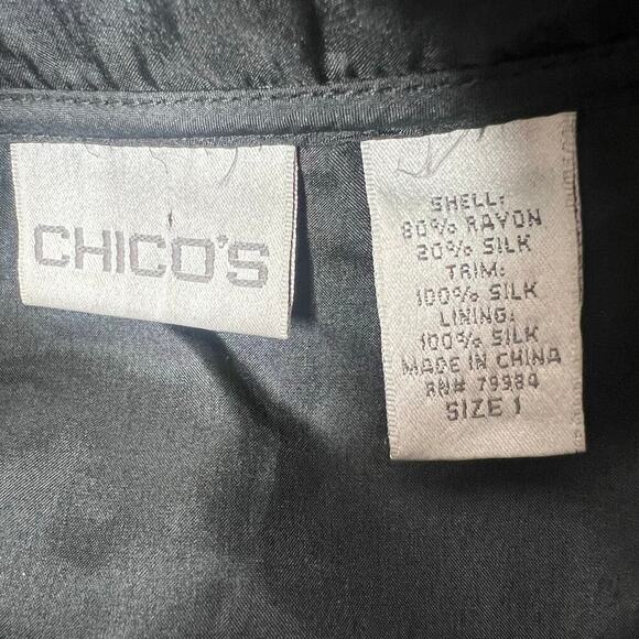 Chicos 1 Black Silk Blend Open Front Jacket Textured Stand Collar Magnet Closure - Picture 10 of 11